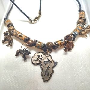 African Necklace with Brass Buffalo Giraffe Animal Charms